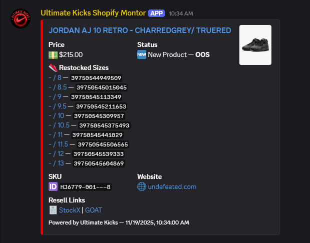 Ultimate Kicks Shopify monitor example